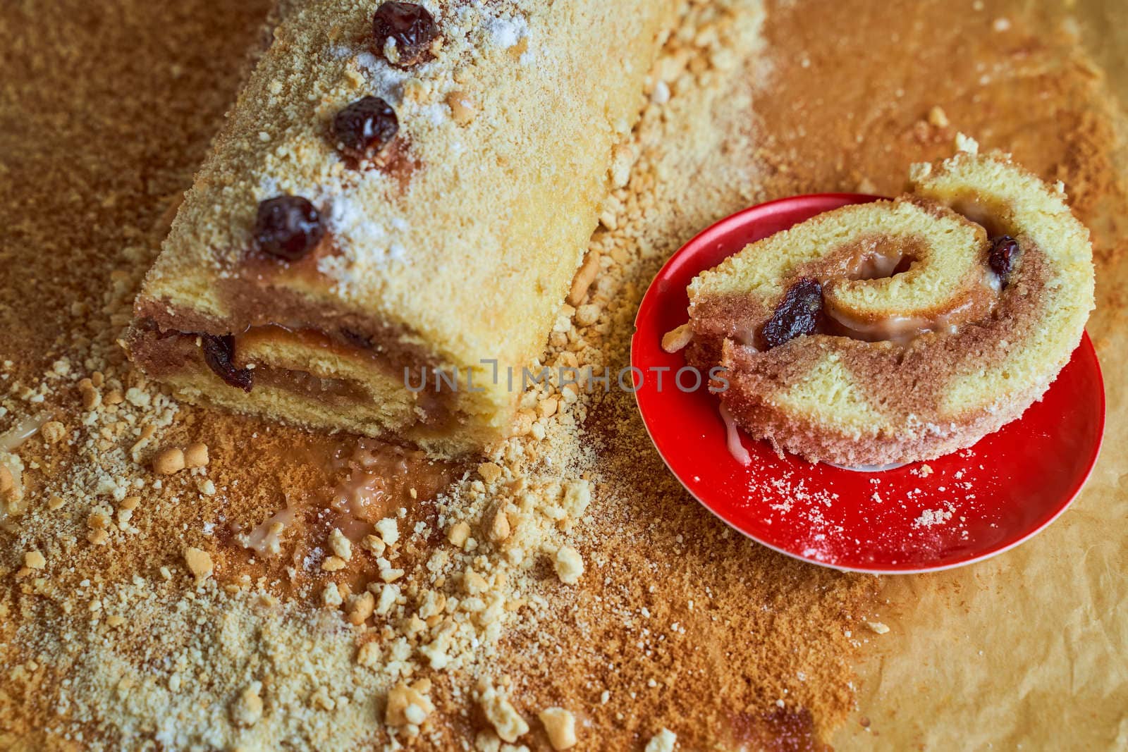 Homemade biscuit roll on parchment. High quality photo