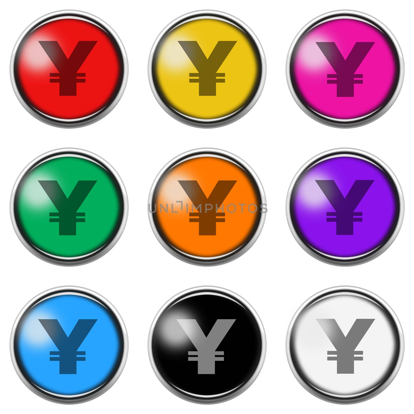 A Yuan Renminbi button icon set isolated on white with clipping path 3d illustration