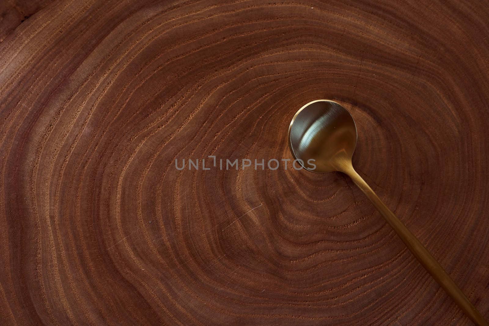 The golden spoon lies on a slice of a tree. wooden table. With copy space. High quality photo