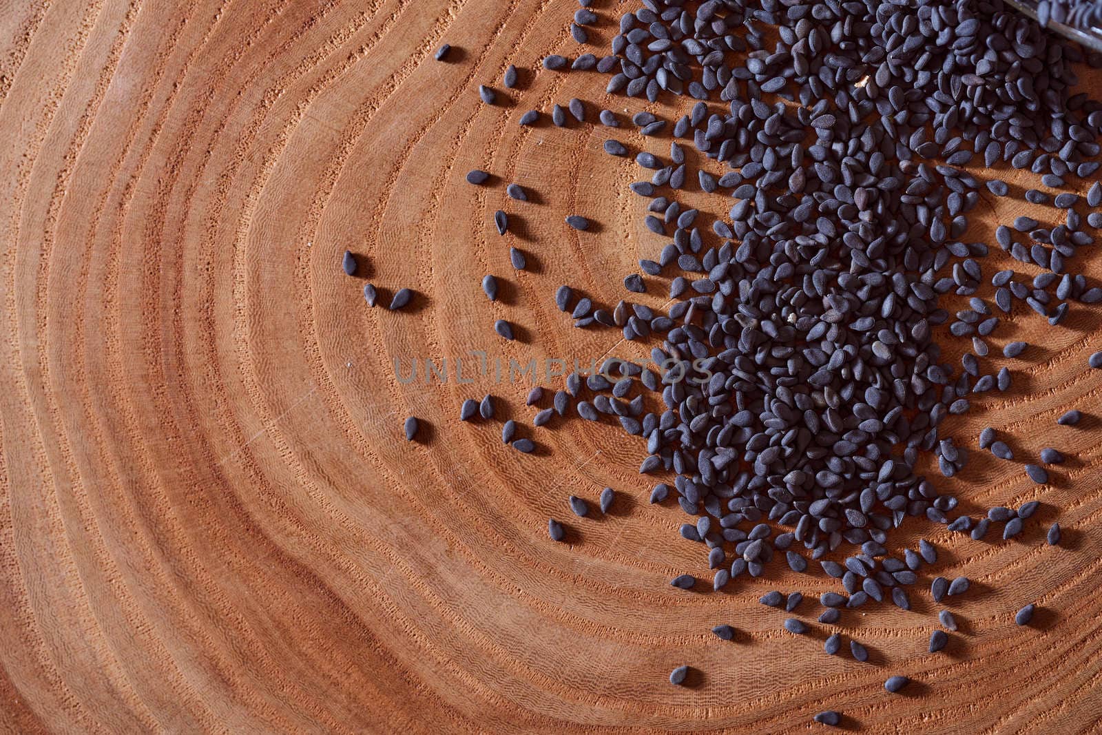 Black sesame lies on a wooden slice. Close-up. Macro effect photo. With copy space. High quality photo