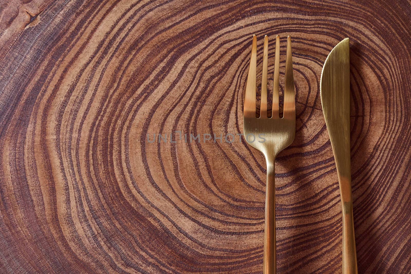 The golden fork and knife lies on a slice of a tree. wooden table. With copy space. High quality photo