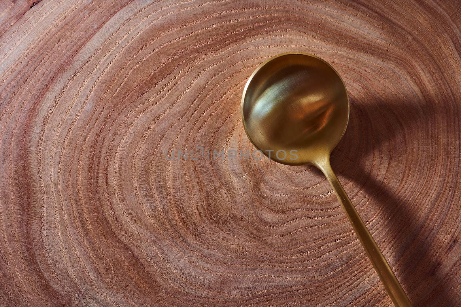 The golden spoon lies on a slice of a tree. wooden table. With copy space. High quality photo