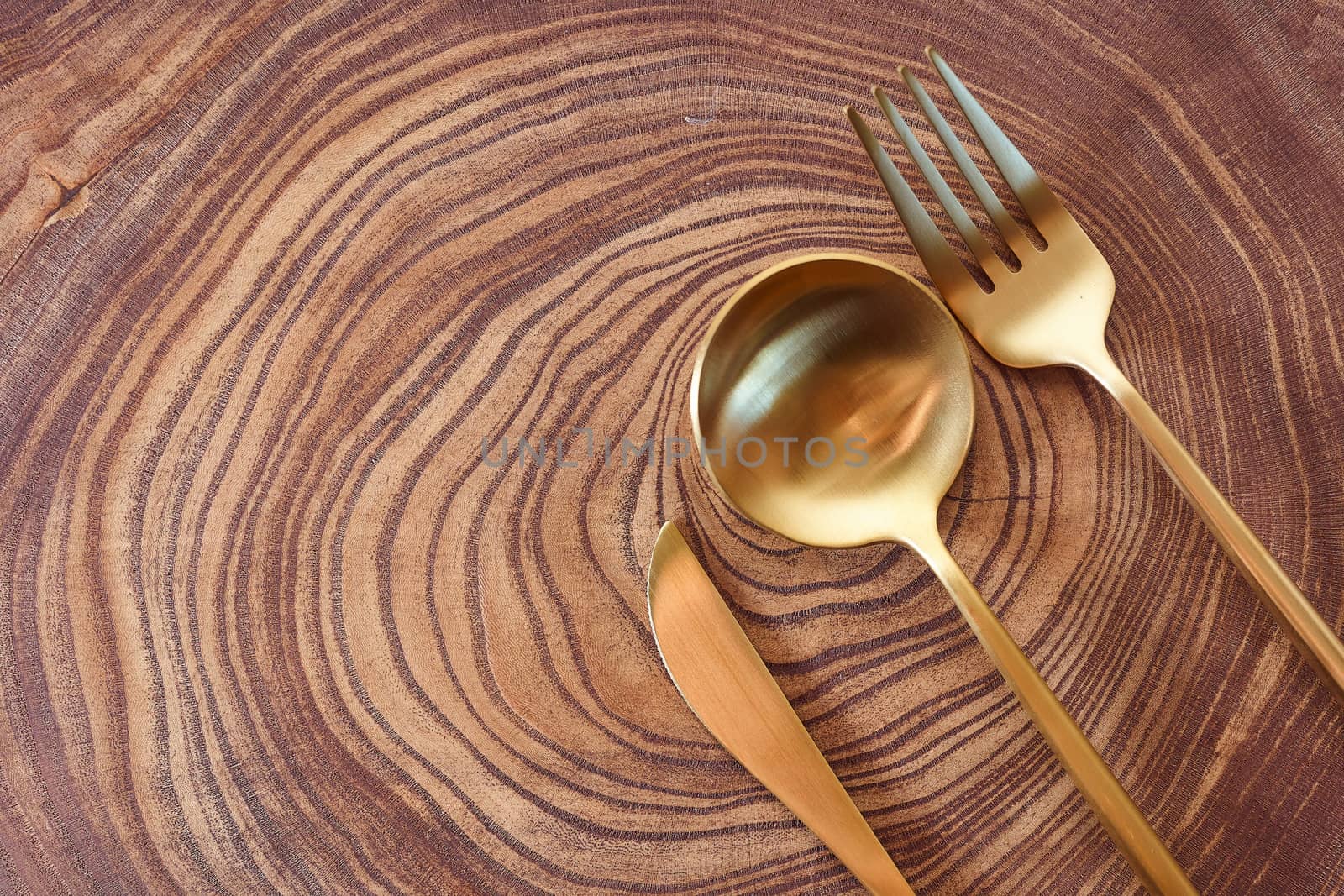 The golden knife, fork and spoon lies on a slice of a tree. wooden table. With copy space. High quality photo