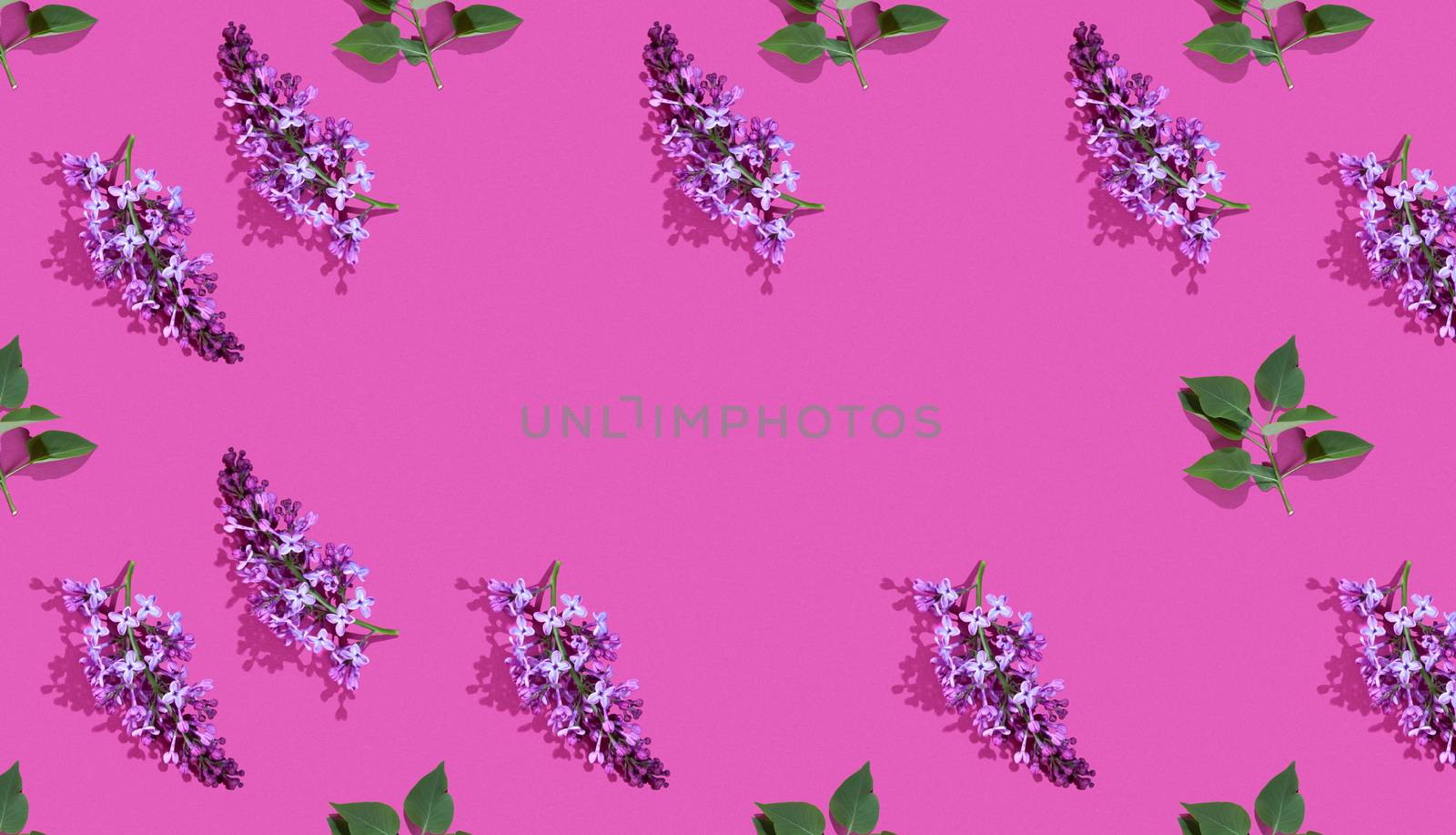 Trendy isometric Seamless continuous pattern with spring lilac flowers and green leaf. Minimalist concept. Space for text