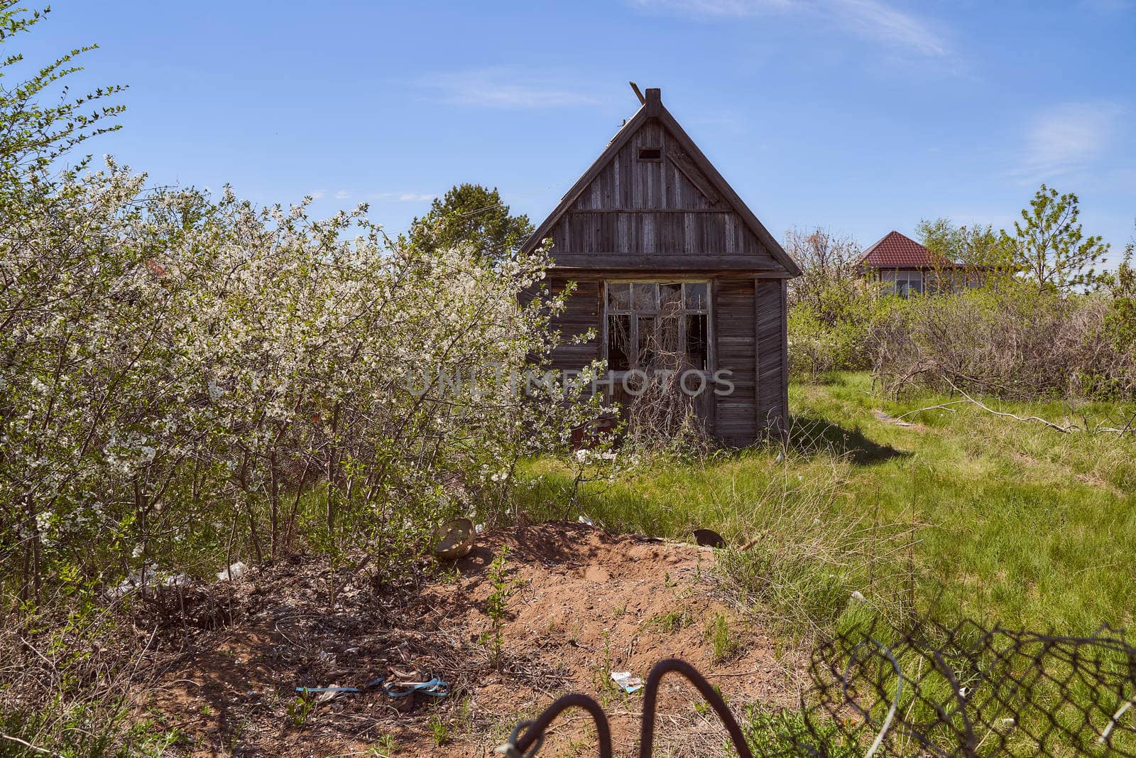 An old house in the countryside against the backdrop of greenery and sky. High quality photo