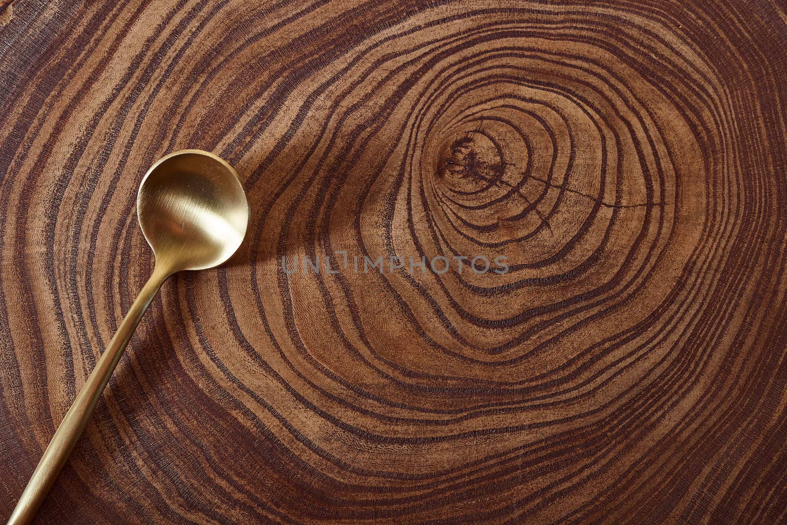 The golden spoon lies on a slice of a tree. wooden table. With copy space. High quality photo