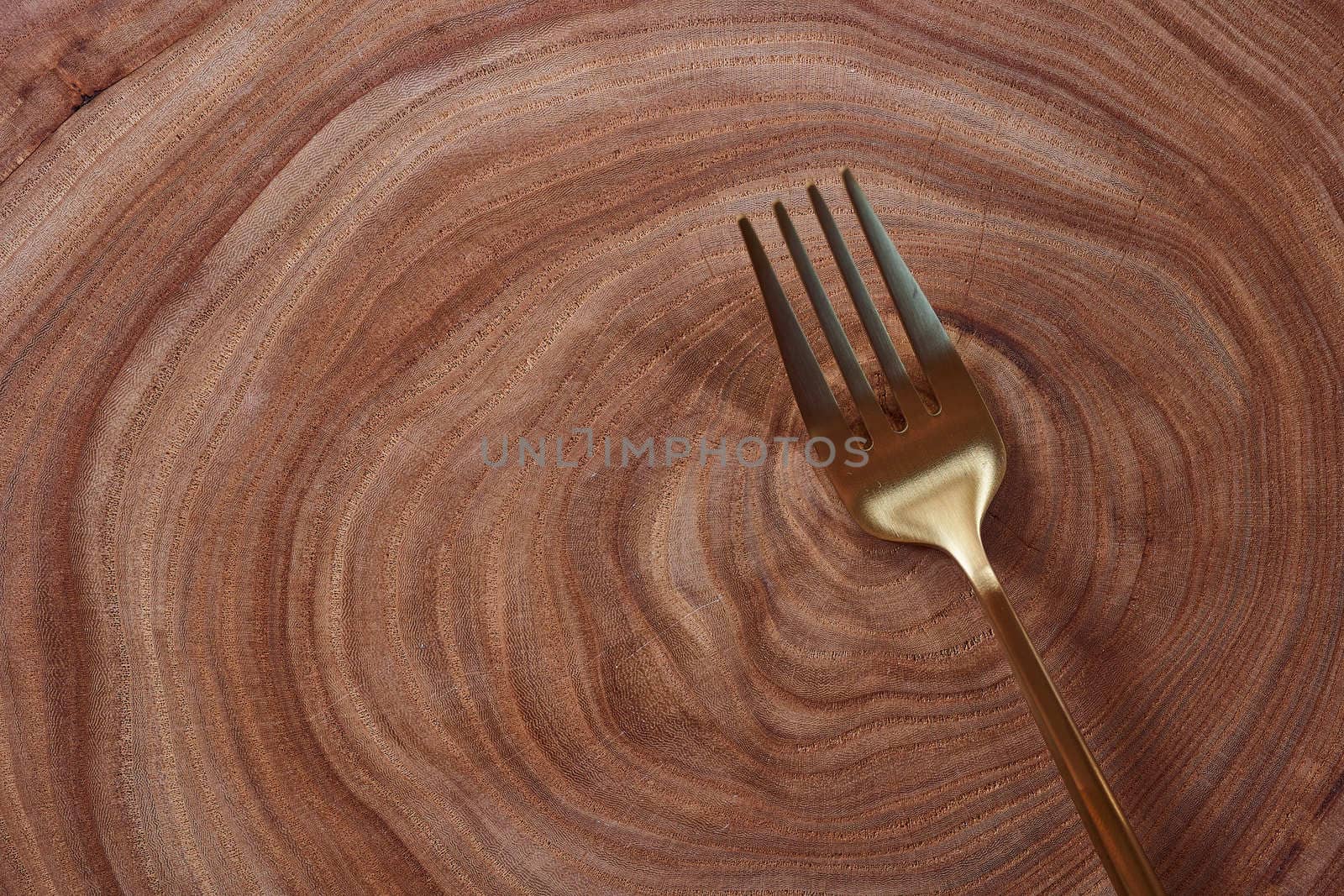 The golden fork lies on a slice of a tree. wooden table. High quality photo