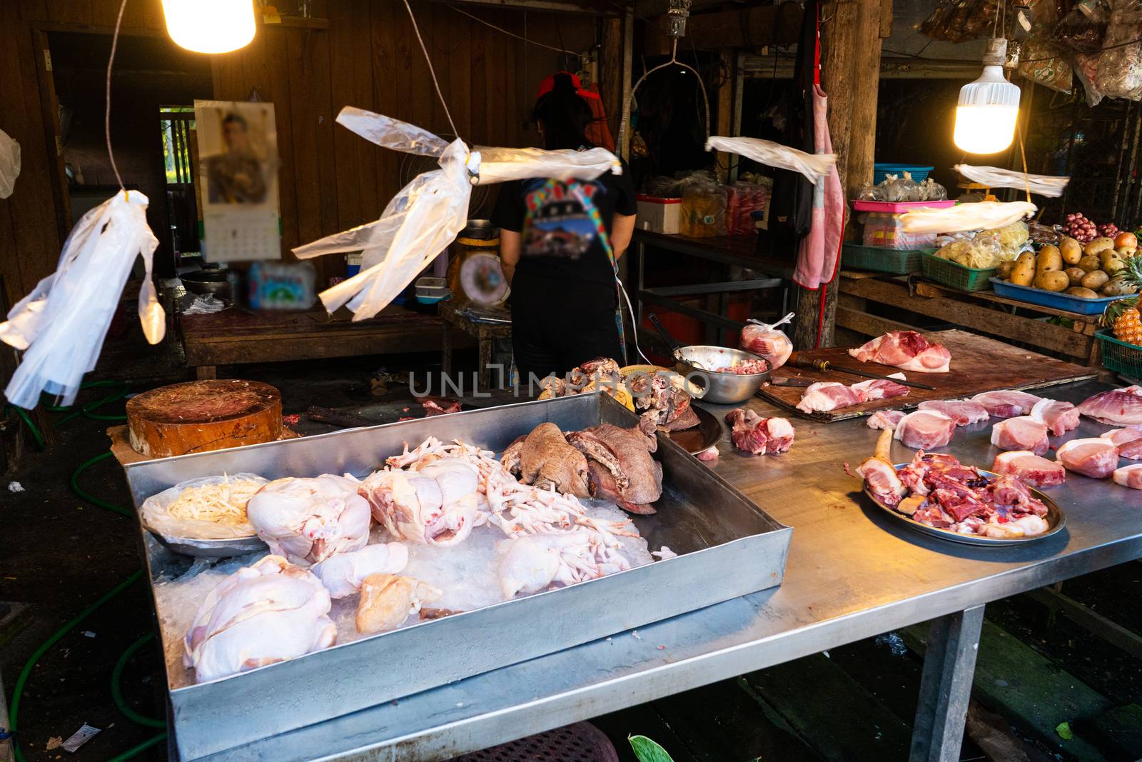 Meat counter in a street market asia