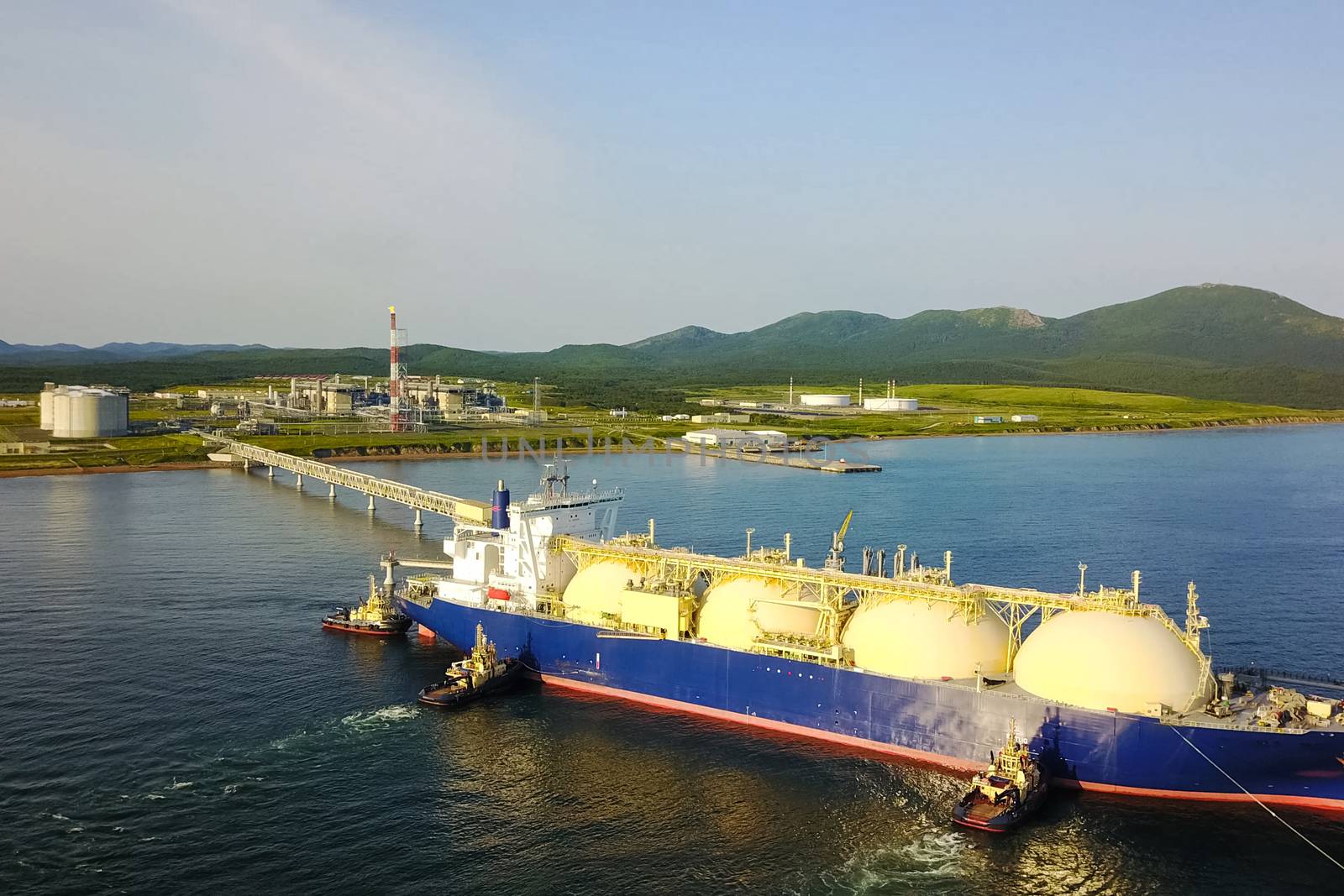 A liquefied gas tanker near the loading terminal. Transportation of liquefied natural gas.