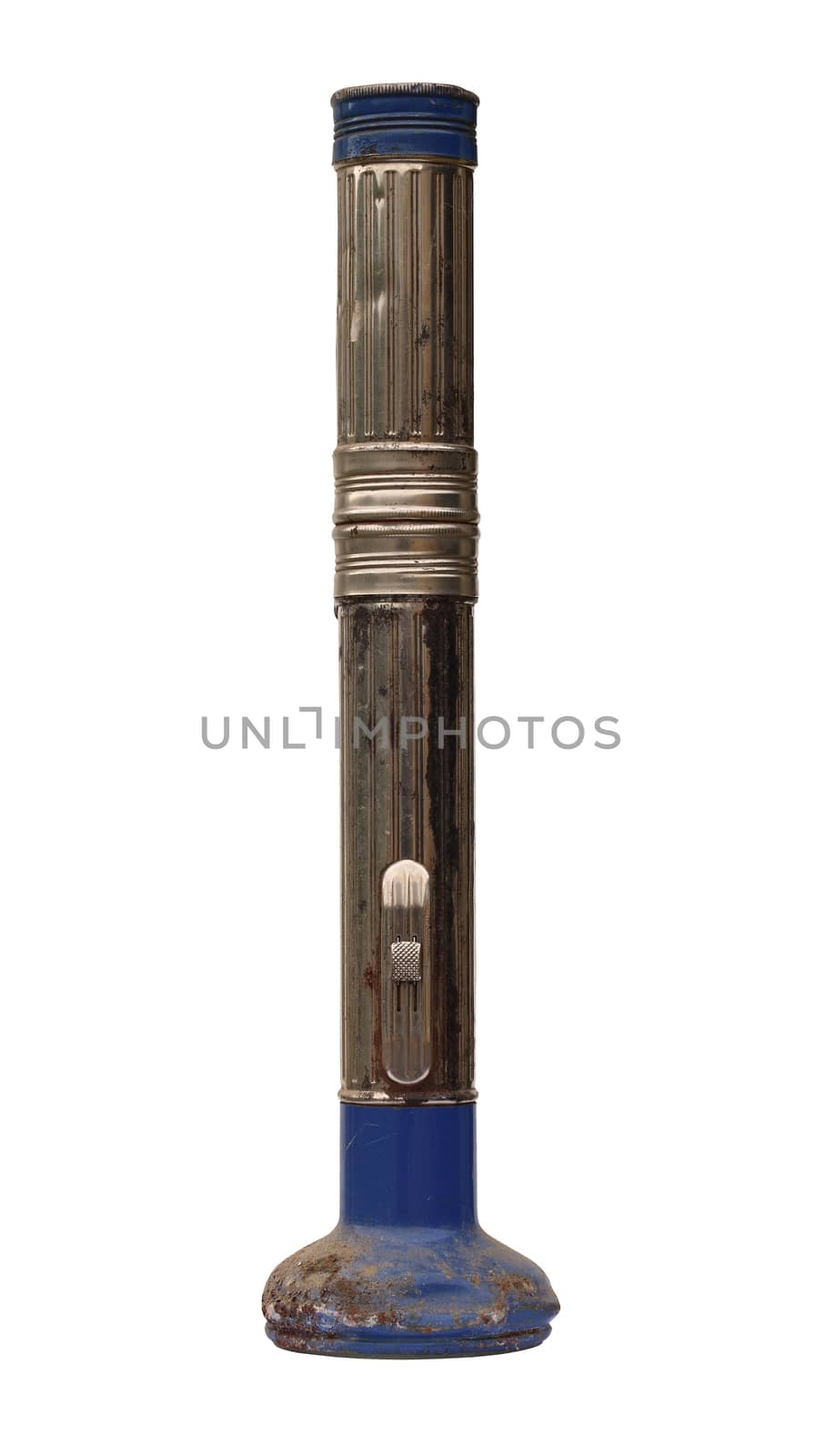 Old used electric torch on white background