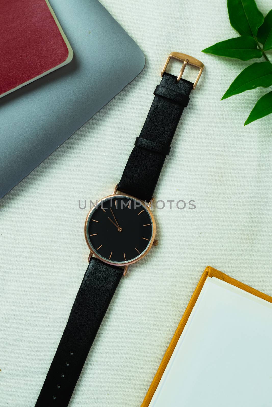 Closeup minimal fashion wristwatch for unisex on white background with flowers and computer