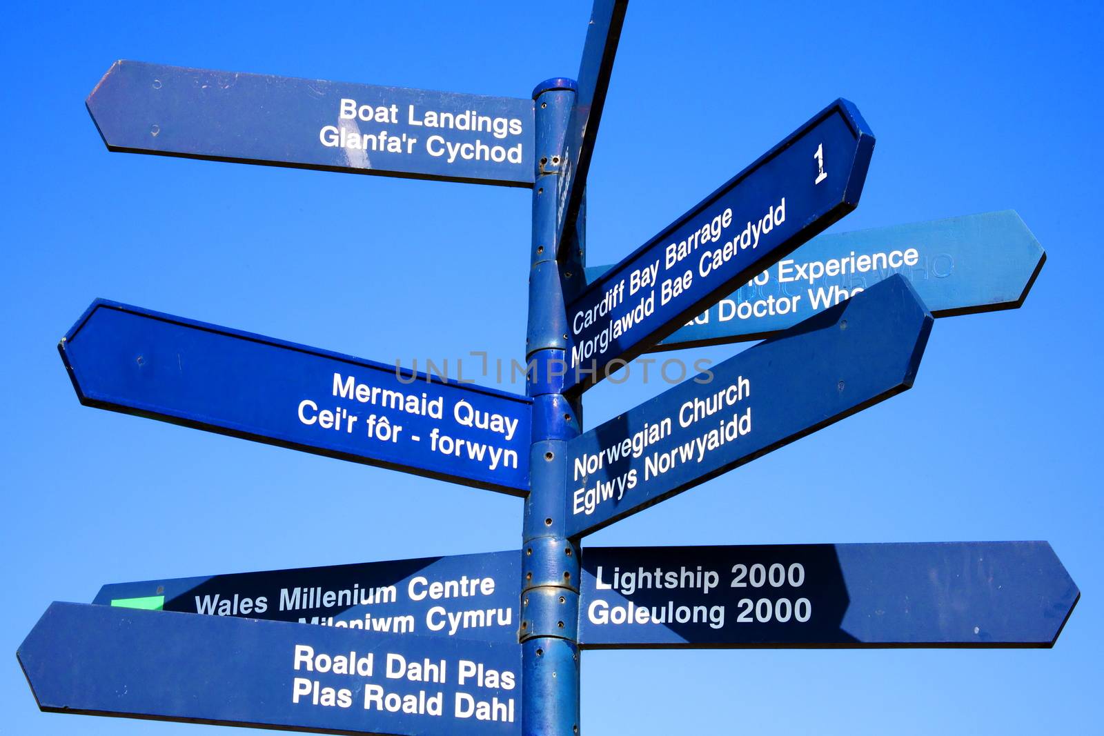 Cardiff  Wales street signpost giving directions to some of the cities most popular landmark attractions stock photo