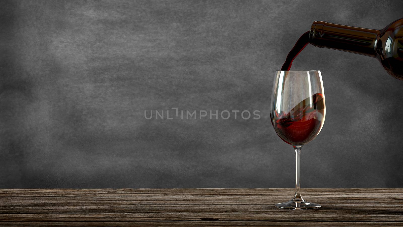 Red wine poured from a bottle into a wine glass. Blackboard background. Old wooden table. 3D rendering