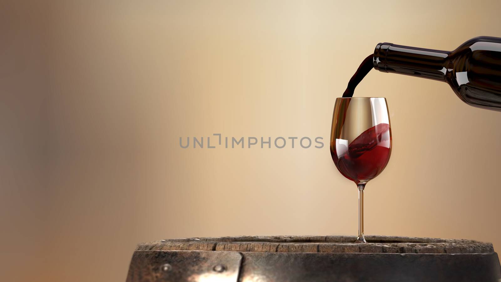 Red wine poured from a bottle into a wine glass on an old wooden barrel. 3D rendering