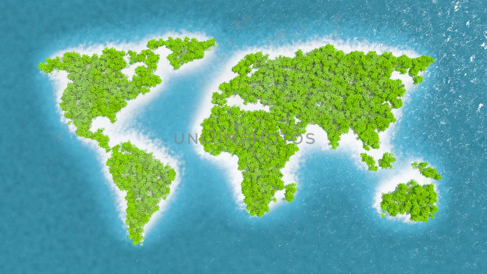 Map of the countries of the world in dense rainforest. Trees and green vegetation. Fine and white sand. Blue and sparkling sea water. 3D rendering