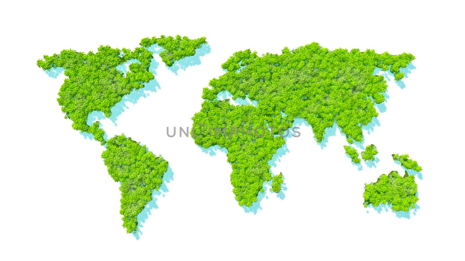 Map of the world in dense rainforest. Trees and green vegetation. White background. 3D rendering
