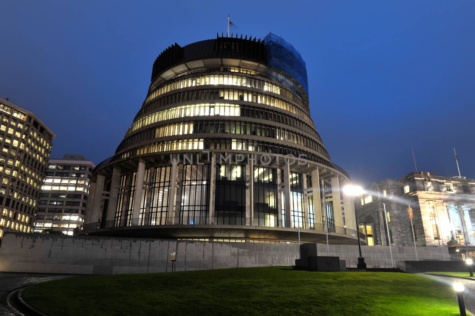 The Beehive building houses executive of New Zealand Parliament. It is located in Wellington