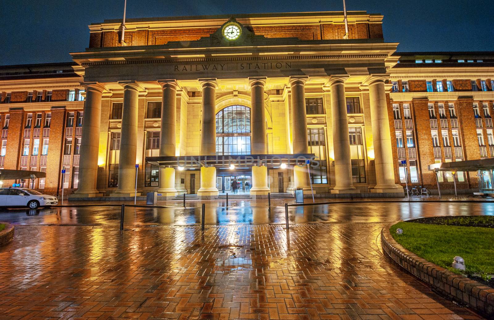 Evening photo of Railway station in Wellington, capital of New Zealand. The station was built in 1937