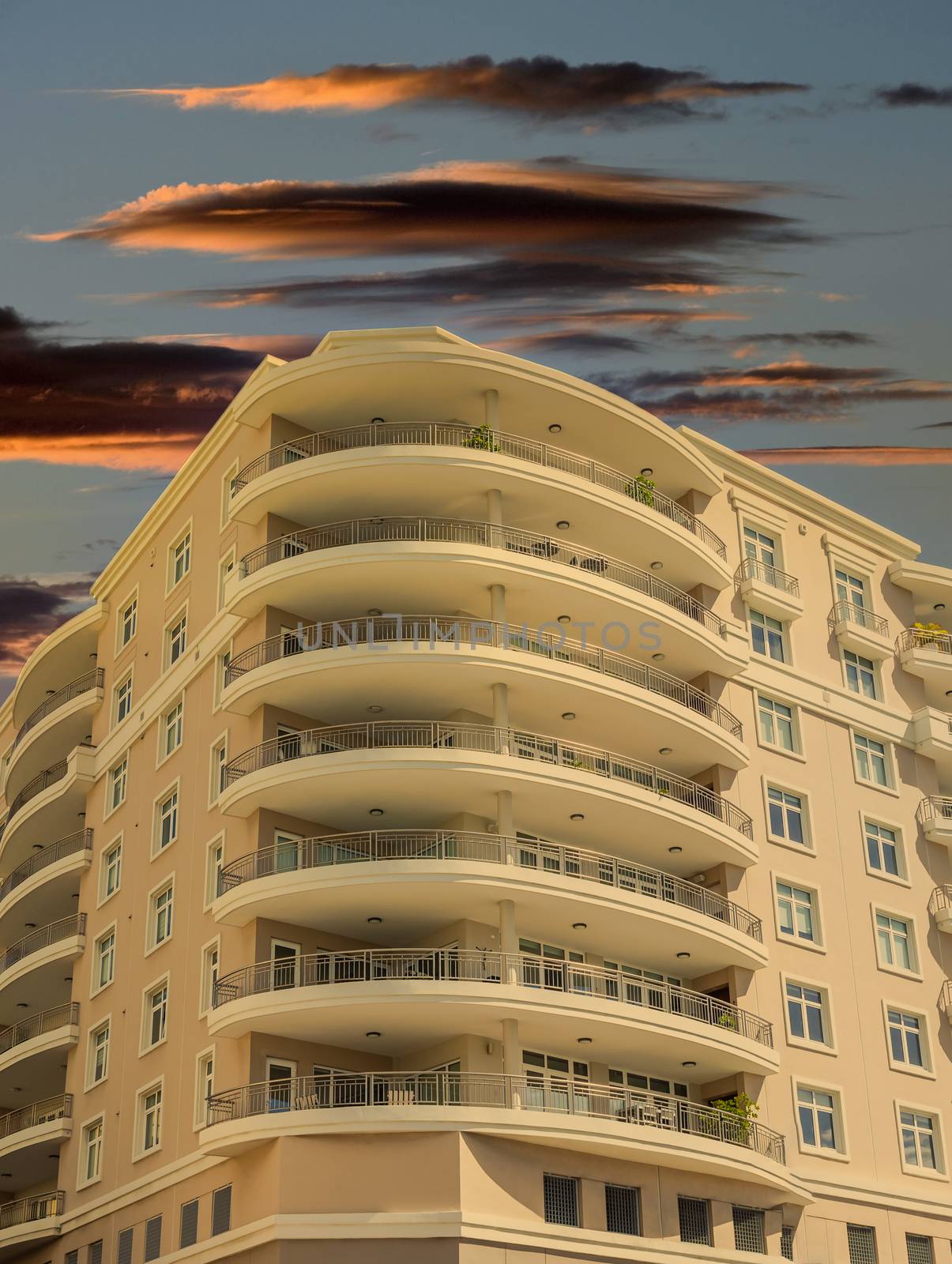 Large Curved Balconies at Sunset by dbvirago