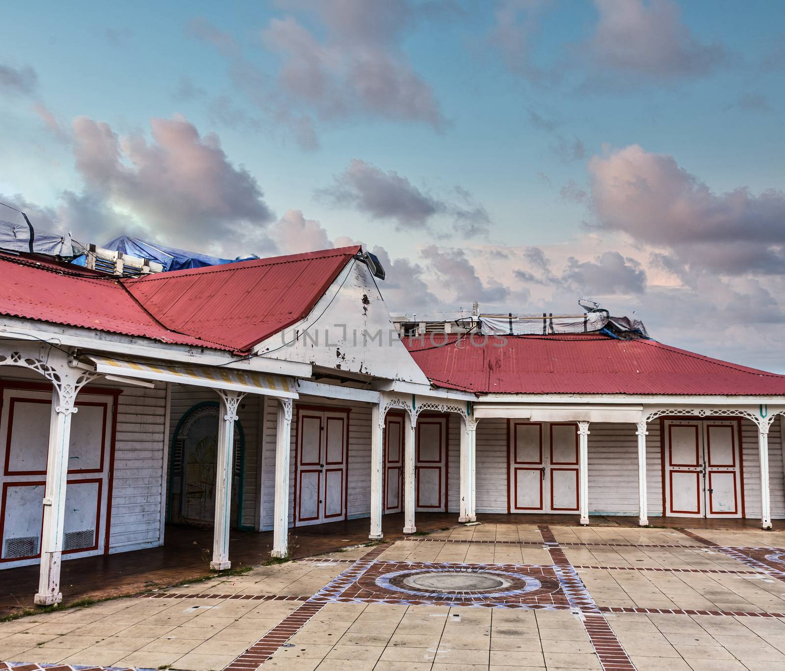 Old Wood Building with Red Tile roof for Store Booths on a tropical island