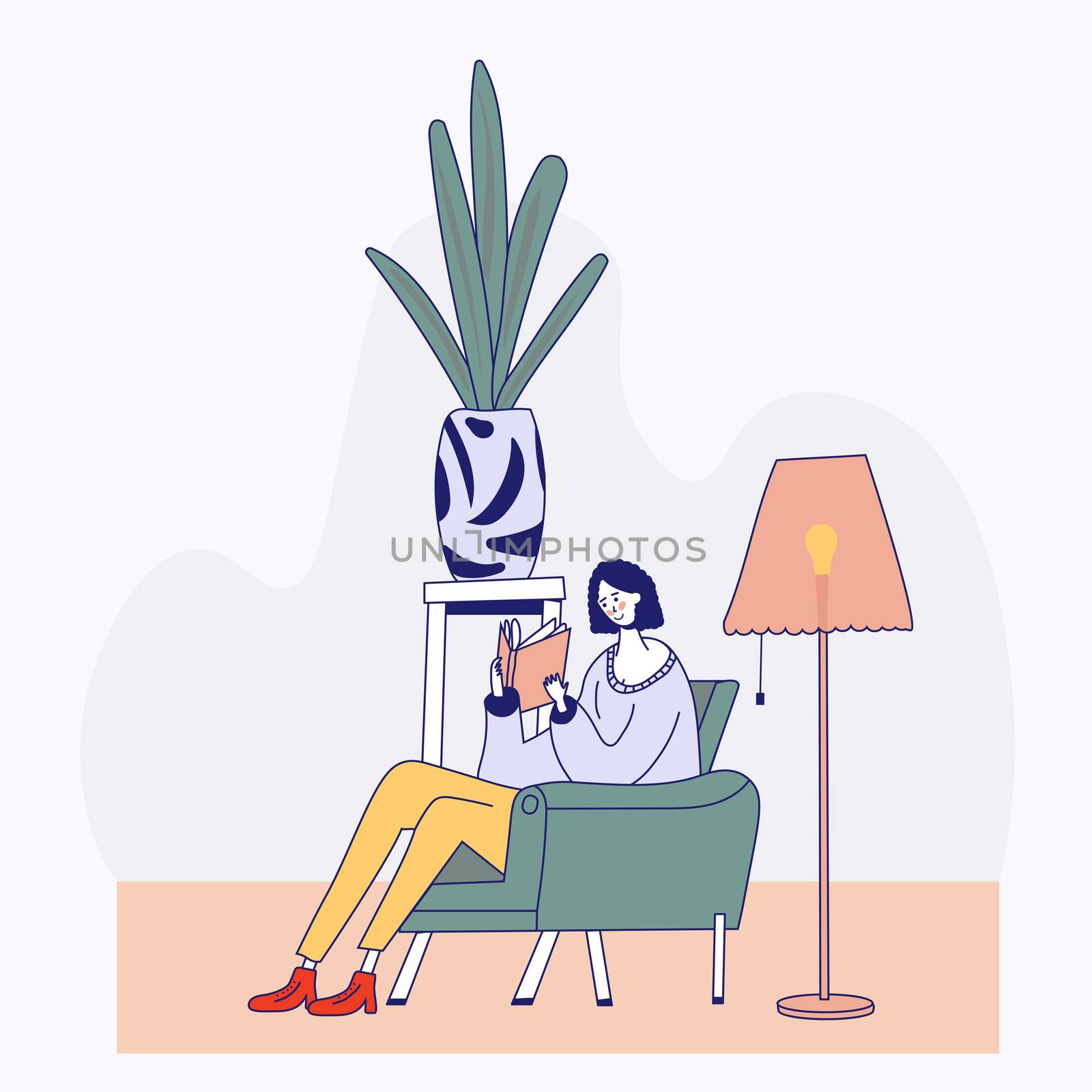 Young woman reading book on chair at home. Flat style illustration. by zaryov