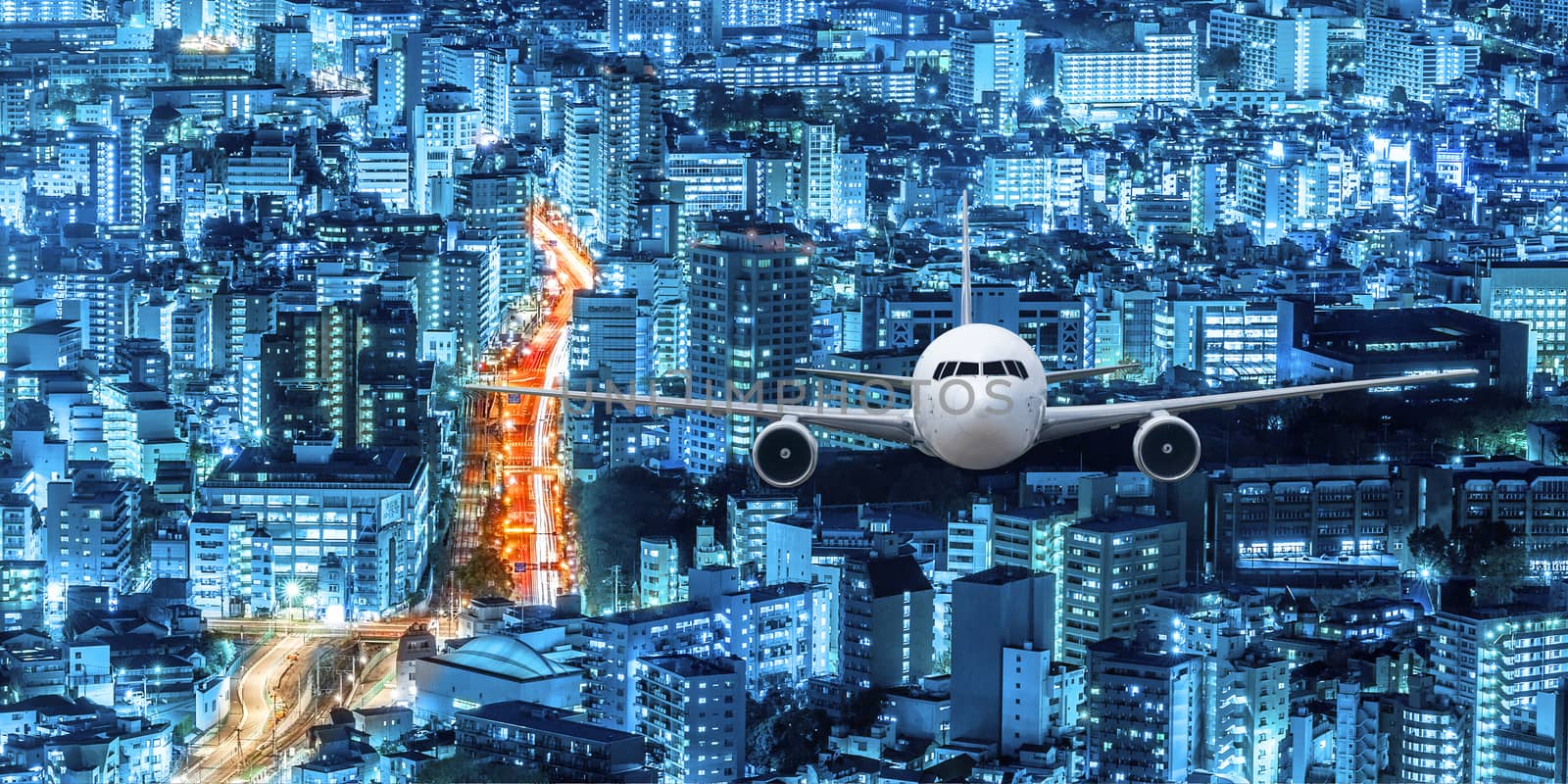 Airplane frying over the Japan cityscape background