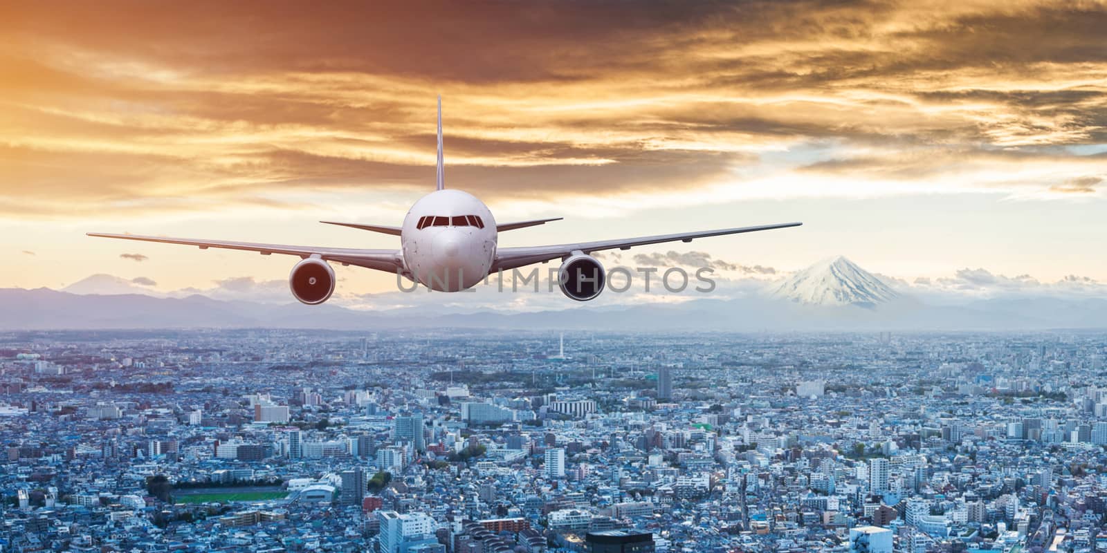 Airplane frying over the Snow Mountain Fuji background