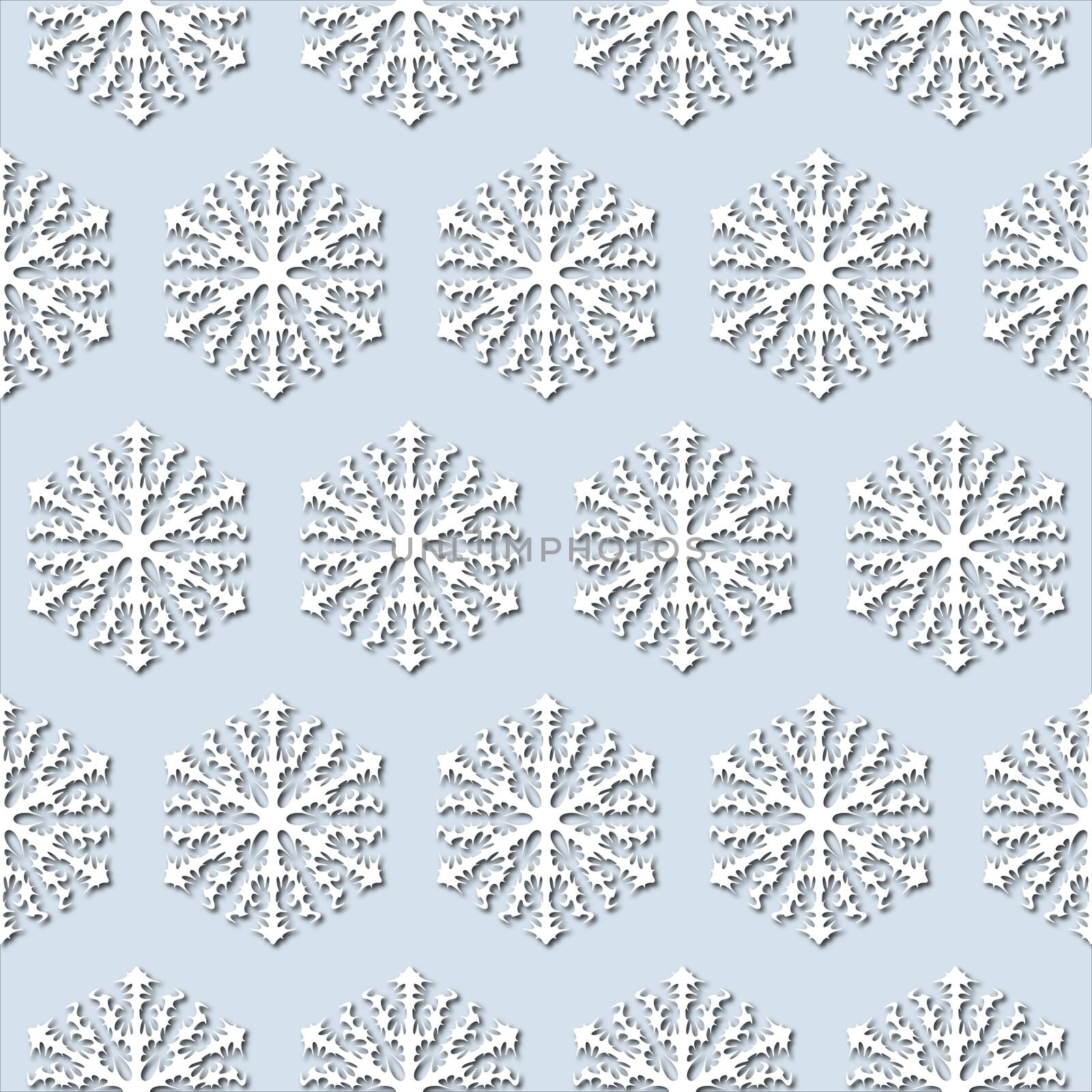 White snowflakes on pale blue background, seamless pattern. Paper cut style with drop shadows and highlights.