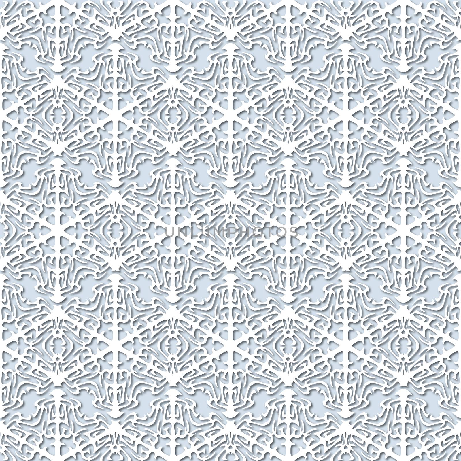 White snowflakes on pale blue background, damask ornament seamless pattern. Paper cut style by Pashchenko