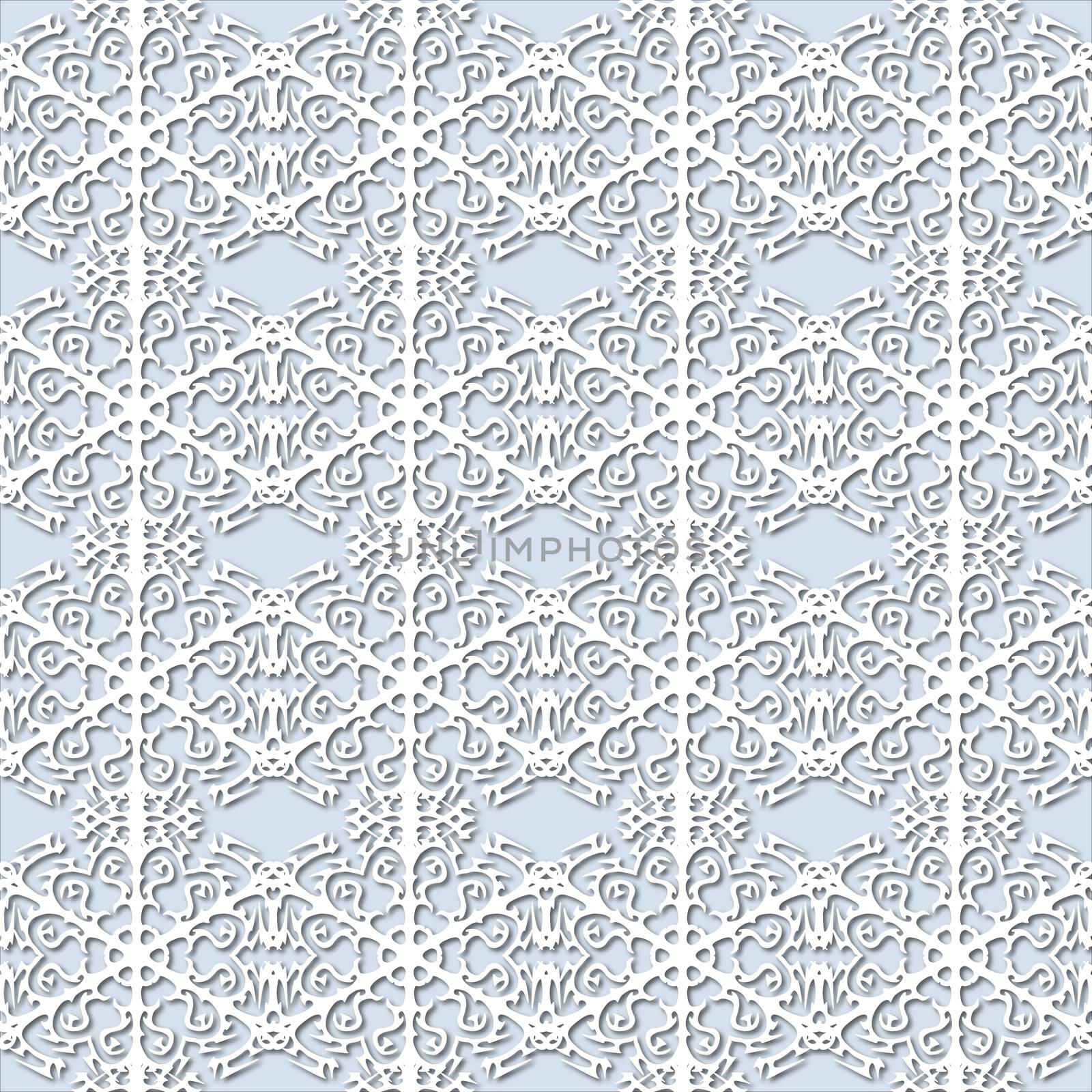 White snowflakes on pale blue background, damask ornament seamless pattern. Paper cut style with drop shadows and highlights.