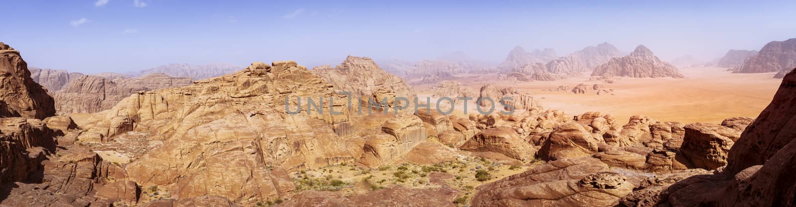 panorama of the Wadi Rum desert in Jordan as seen from Burdah Rock Mountain. by kb79