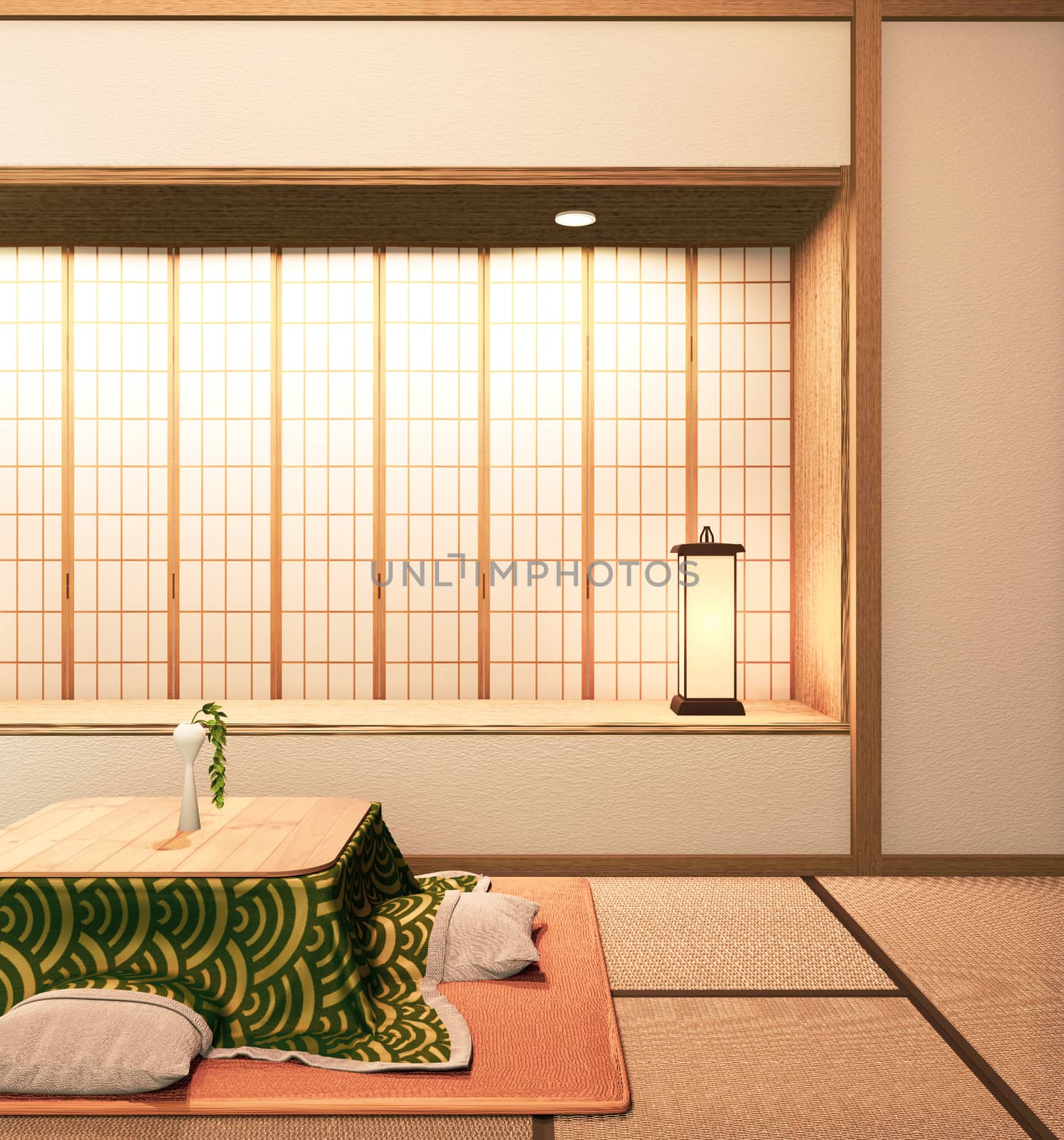 kotatsu low table and pillow on tatami mat, room japan.3D rednering