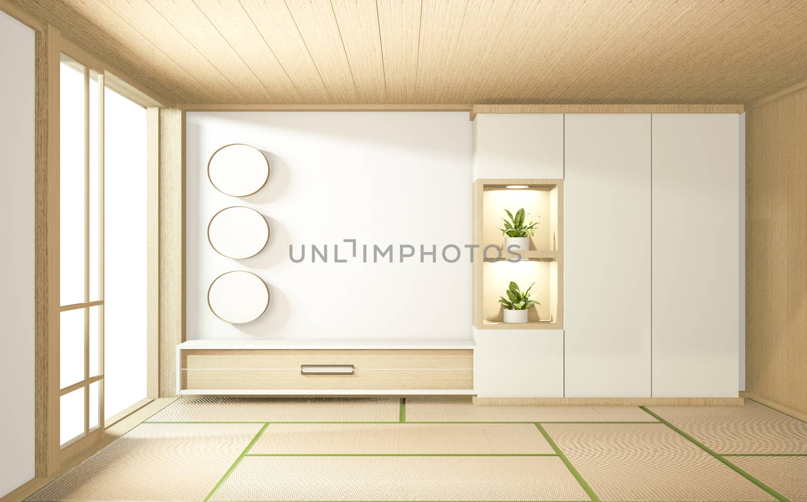 tropical style room interior, empty room japan style. 3D rendering