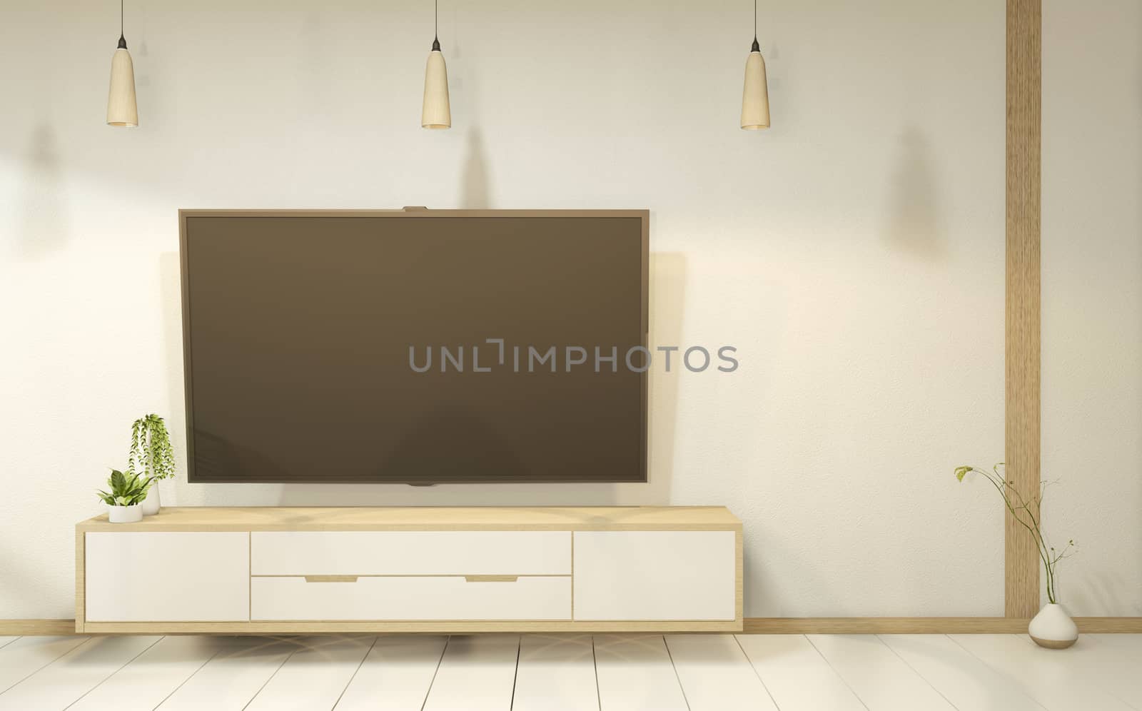 Cabinet wooden in white empty interior room style, 3d rendering