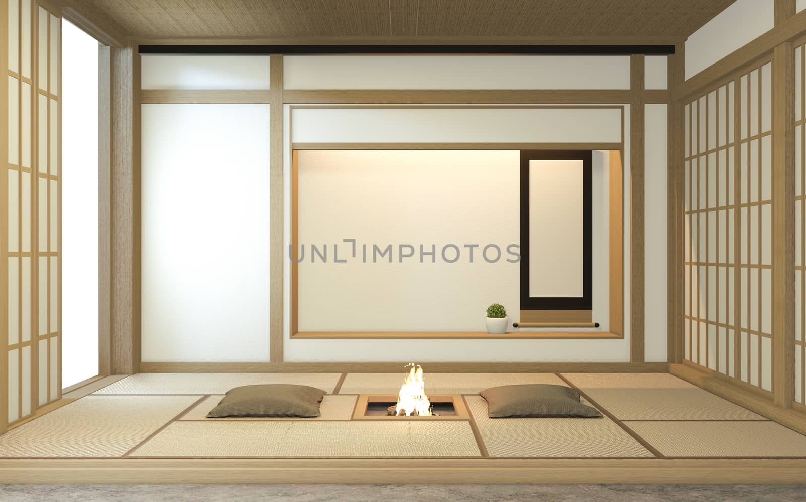 Nihon room design interior with door paper and cabinet shelf wall on tatami mat floor room japanese style. 3D rendering