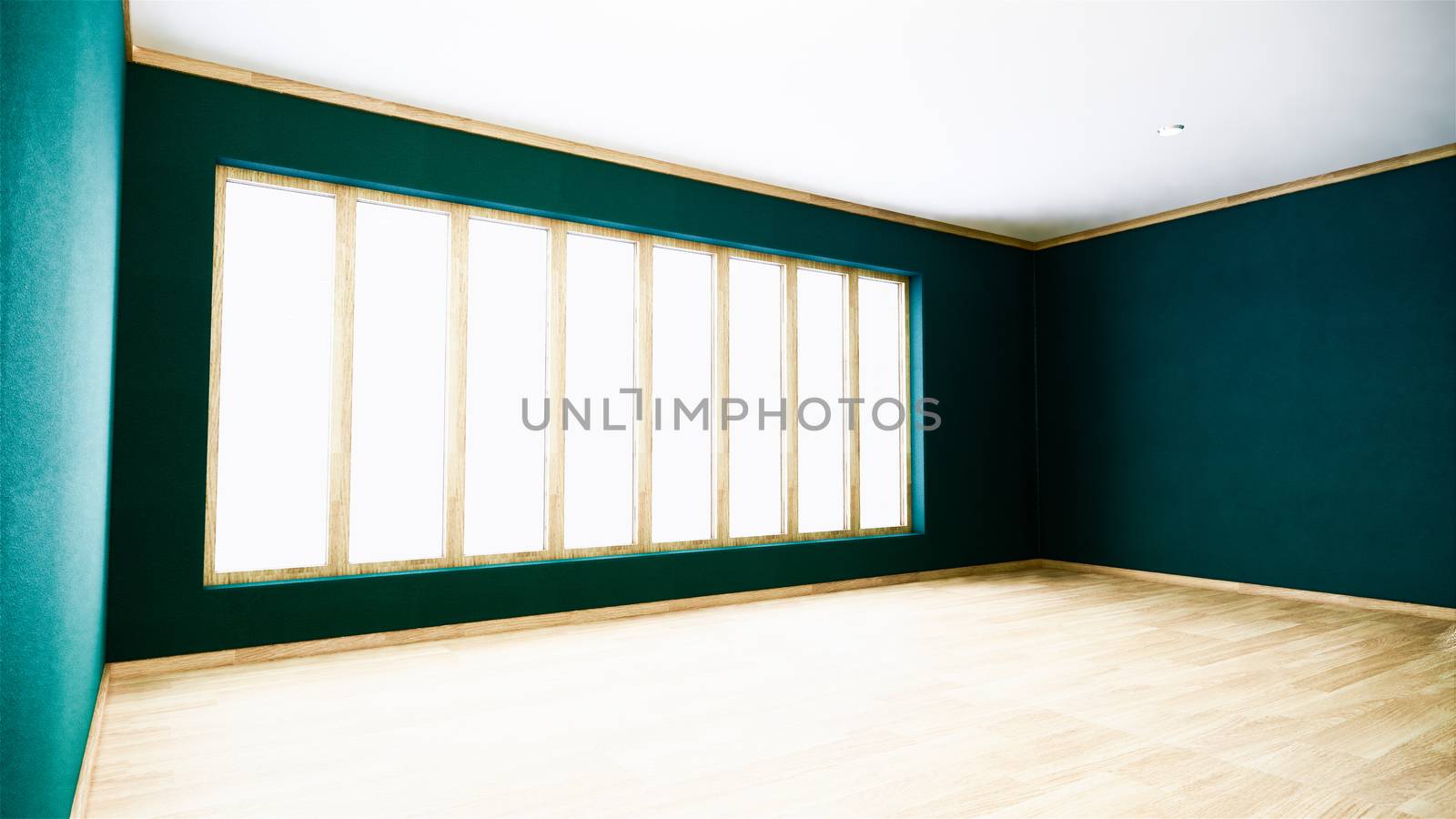 Green wall on wood floor interior. 3D rendering