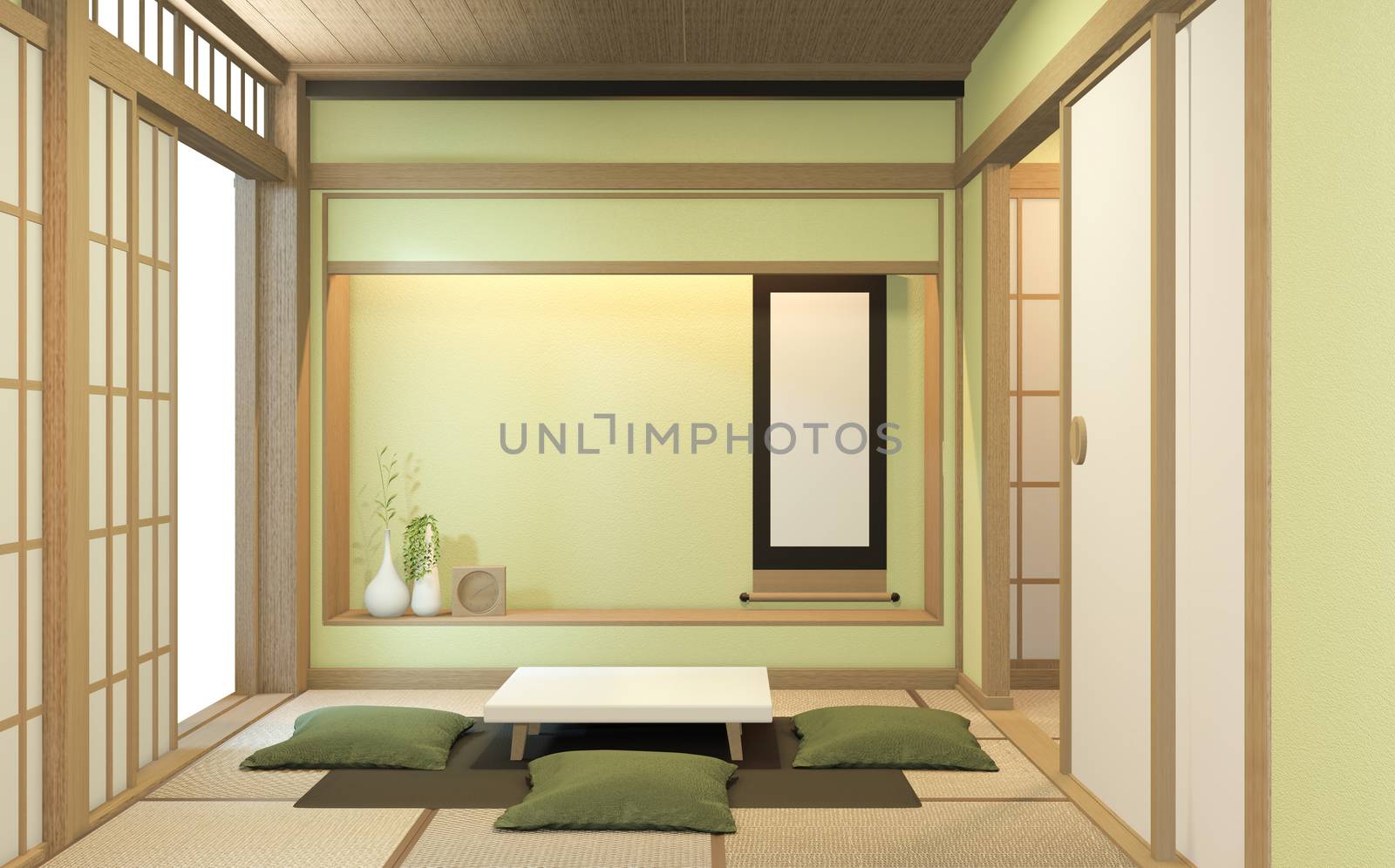 Nihon green room design interior with door paper and cabinet shelf wall on tatami mat floor room japanese style. 3D rendering