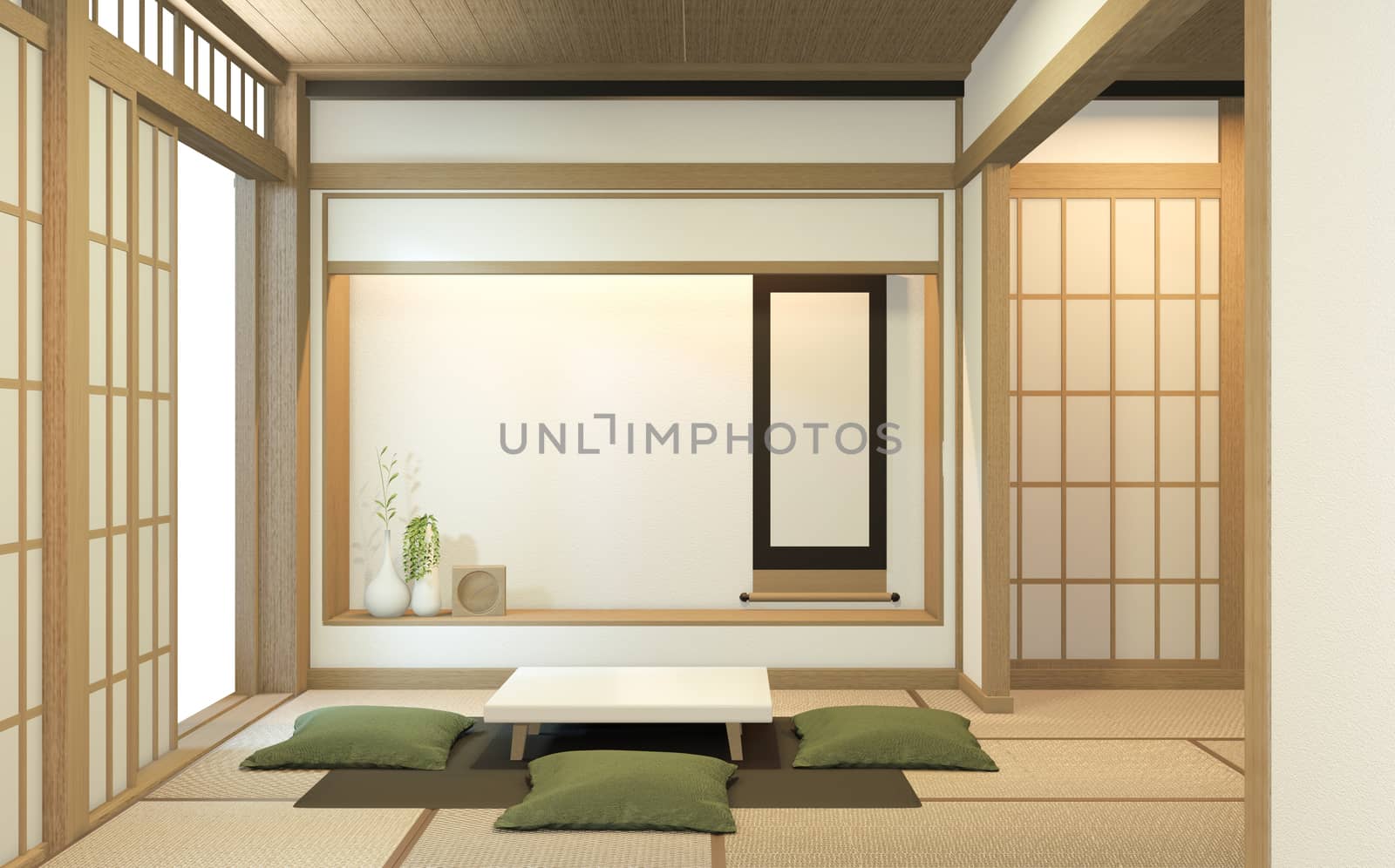 Nihon room design interior with door paper and cabinet shelf wall on tatami mat floor room japanese style. 3D rendering