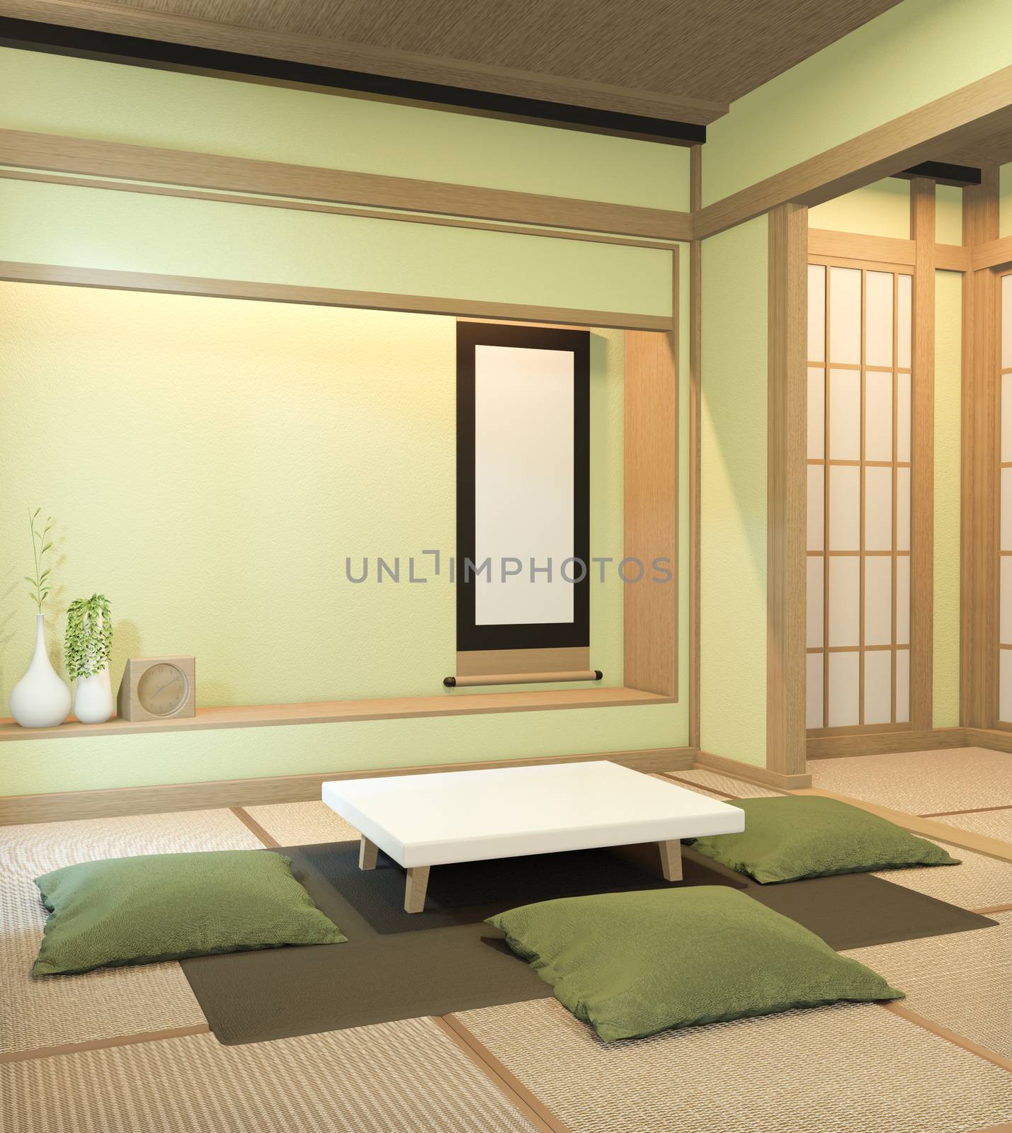 Nihon green room design interior with door paper and cabinet shelf wall on tatami mat floor room japanese style. 3D rendering