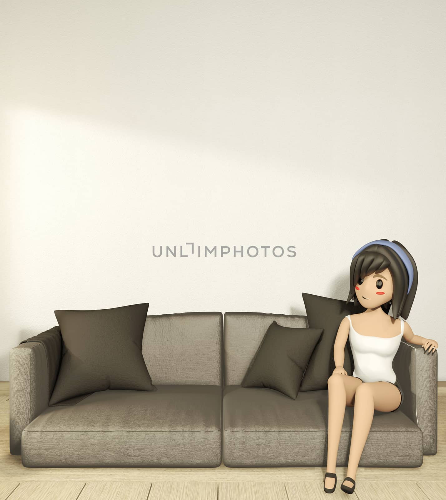 Cartoon girl on the sofa armchair with room interior japanese style. 3D rendering