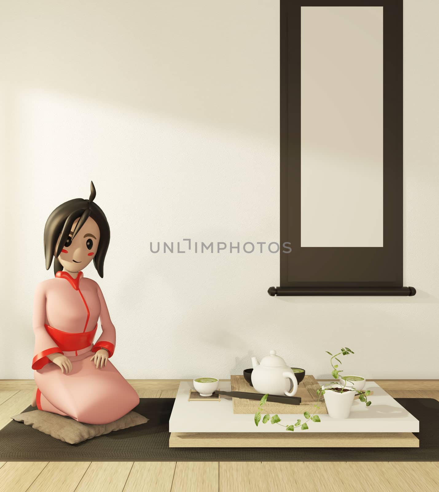 Cartoon girl in kimono on room interior japanese style. 3D rendering