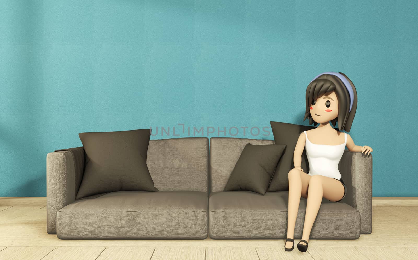 Cartoon girl on the sofa armchair with room interior japanese style. 3D rendering