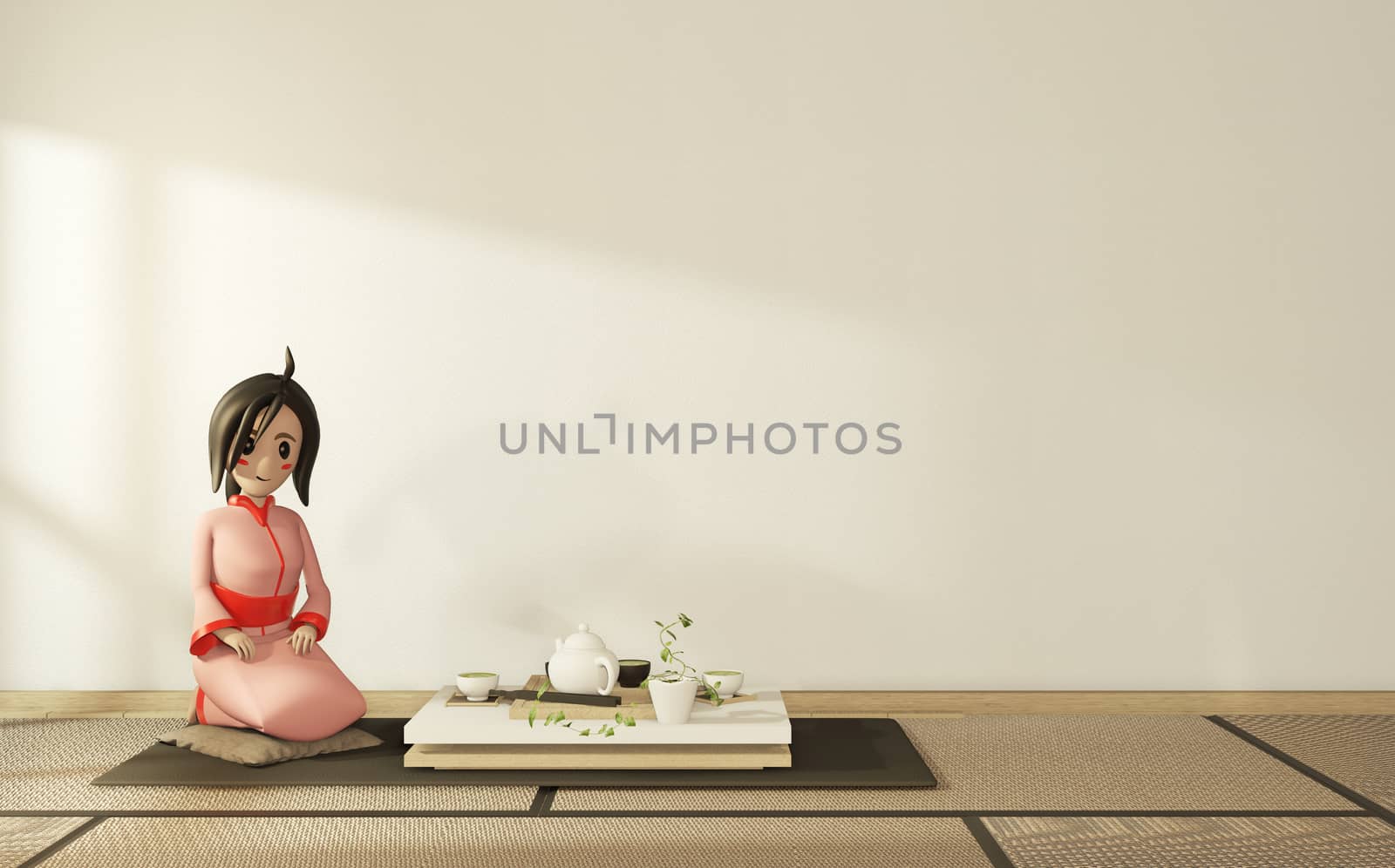 Cartoon girl in kimono on room interior japanese style. 3D rendering