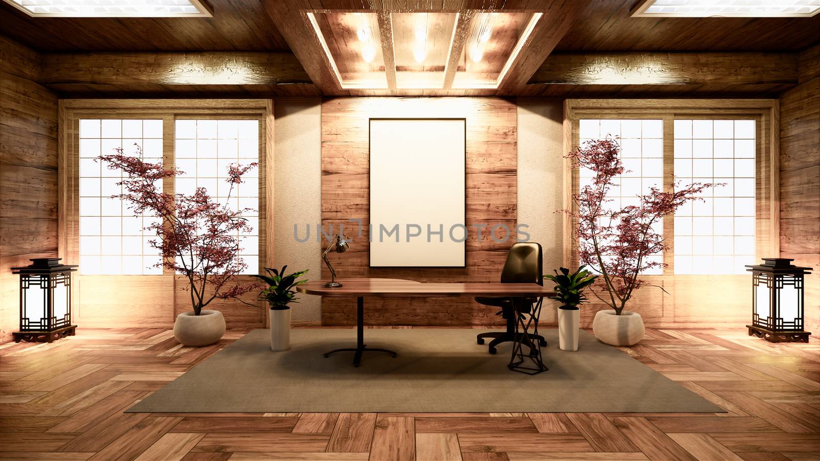 Wooden china Conference room interior with wood floor on white wall background - empty room business room interior. 3d rendering