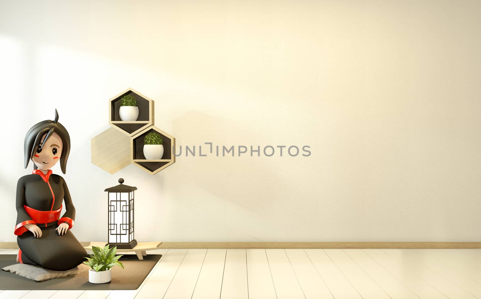 Cartoon girl in black kimono on room interior japanese style. 3D rendering
