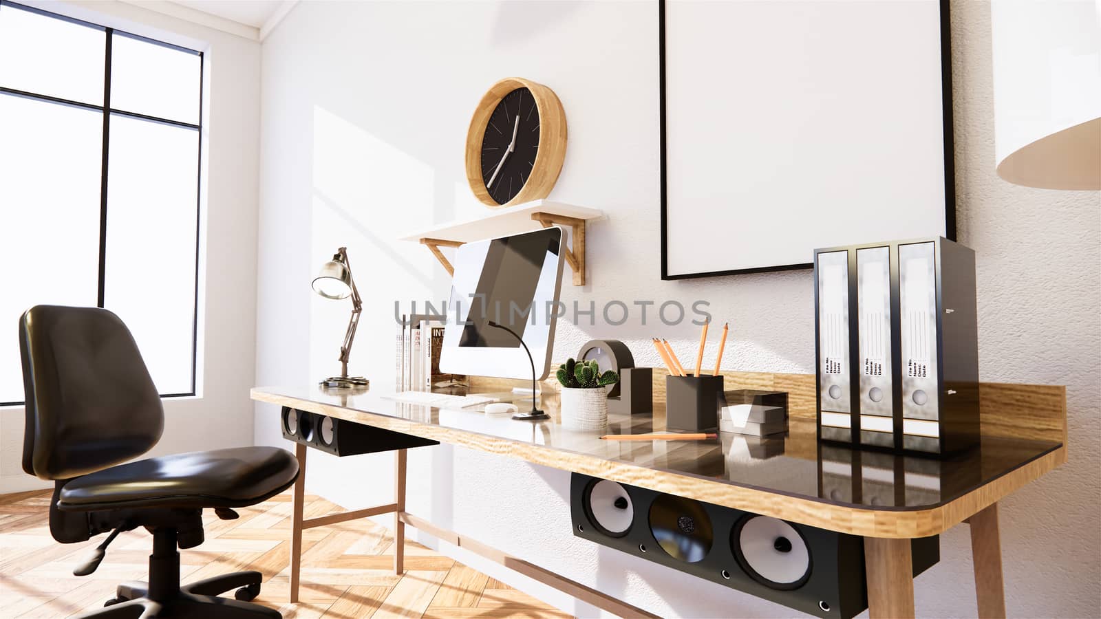 Empty - Living Room white brick wall Loft Style Interior Design. 3D Rendering