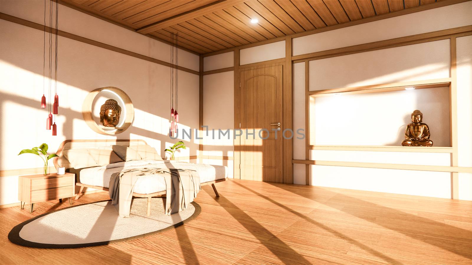 bedroom mock up with wooden bed in japan minimal design. 3D rendering.