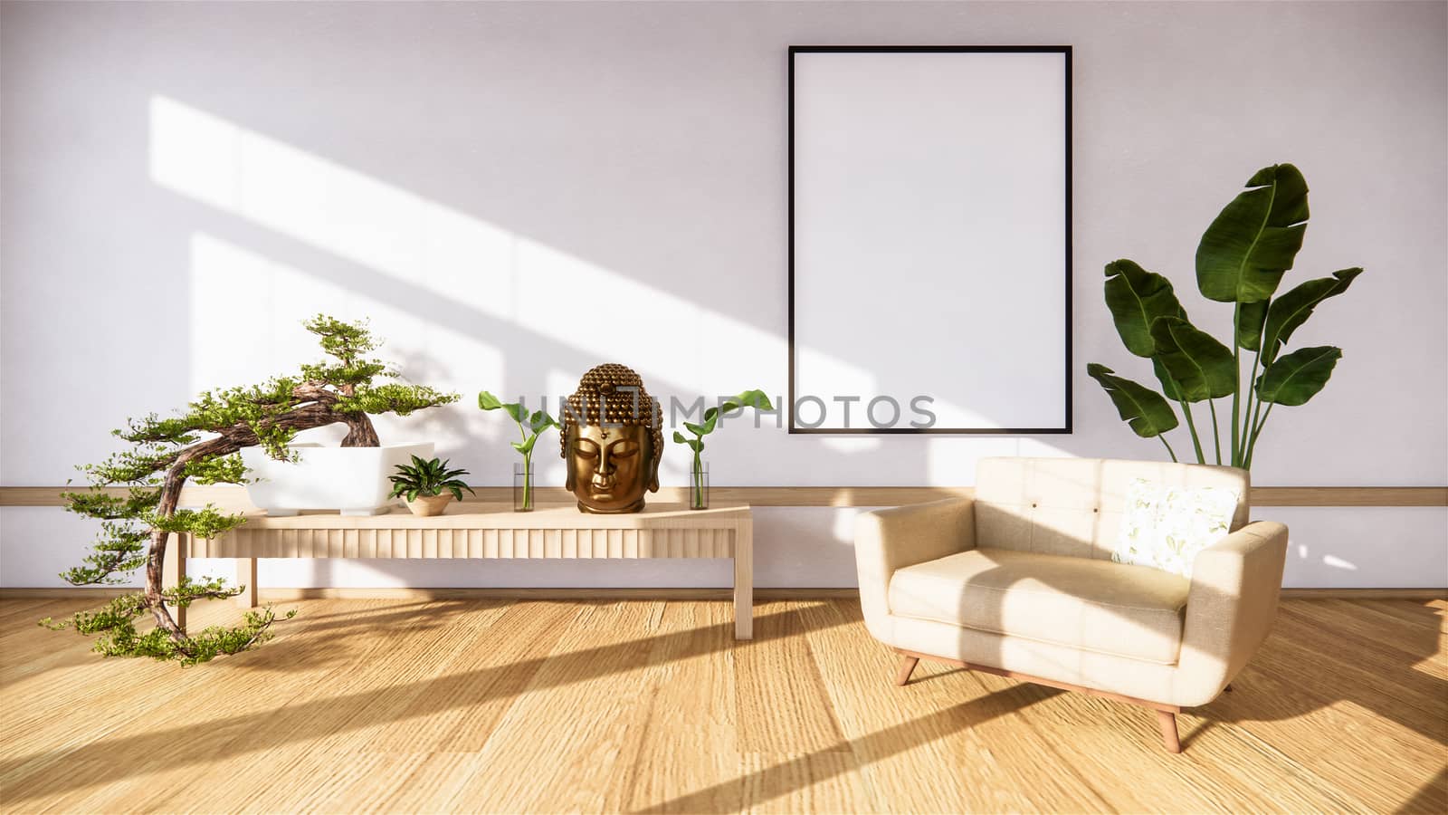 Bonsai tree on cabinet wooden on wall room zen style and decoraion wooden design, earth tone.3D rendering