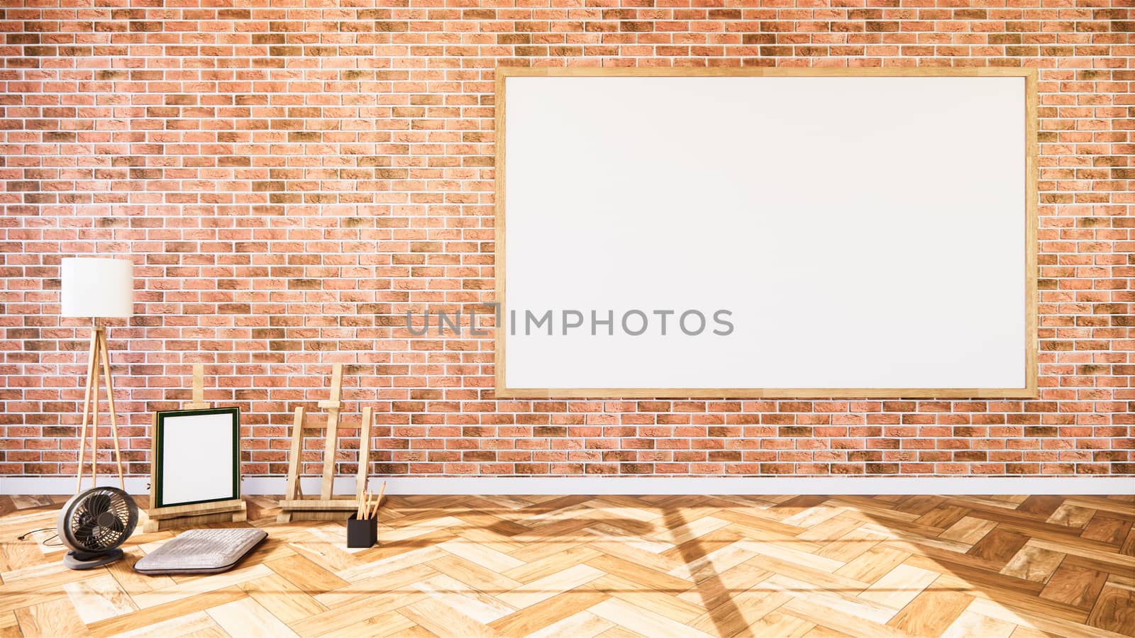 Empty - Living Room white brick wall Loft Style Interior Design. 3D Rendering