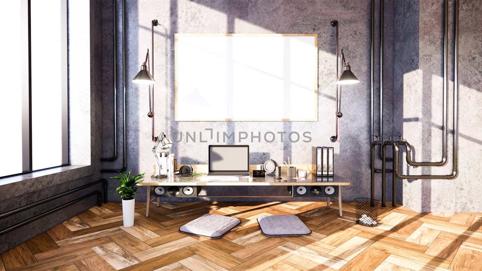 Business room  Empty Loft style with white brick and concrete wall design loft style.3D rendering